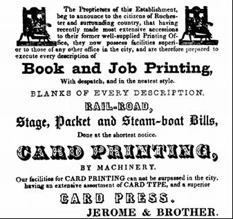 Image of an ad for Book and Job Printing - Card Press, Jerome & Brother at Talman Building