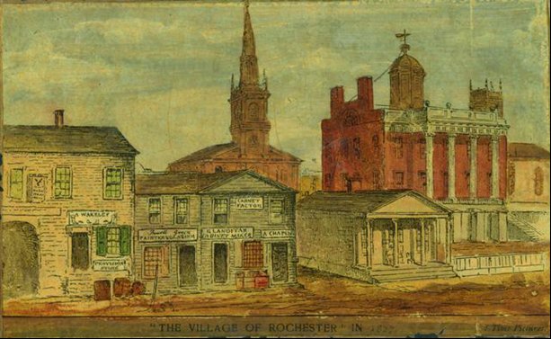 Drawing of the courthouse square done in 1827 by British traveler Basil Hall.