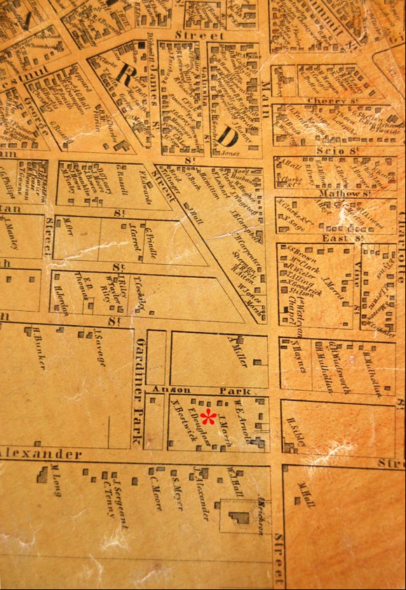 1851 map showing Douglass' house at 4 Alexander, near todays corner of East and Alexander.