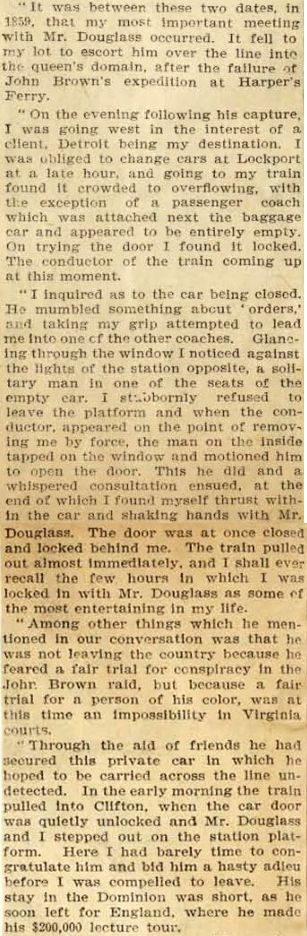 Article about the 1895 remembrance of Douglass' train trip to Canada