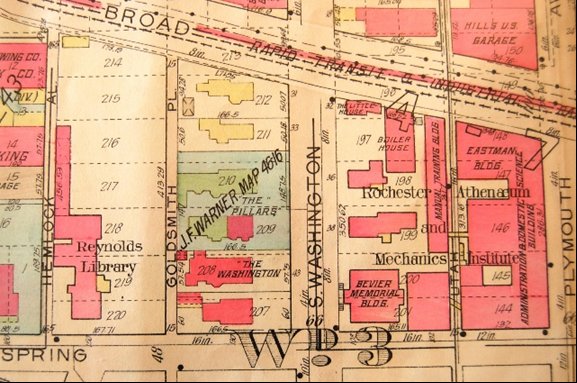 1926 plat map showing the location of the Rochester Athenaeum and Mechanics Institute in downtown Rochester. 