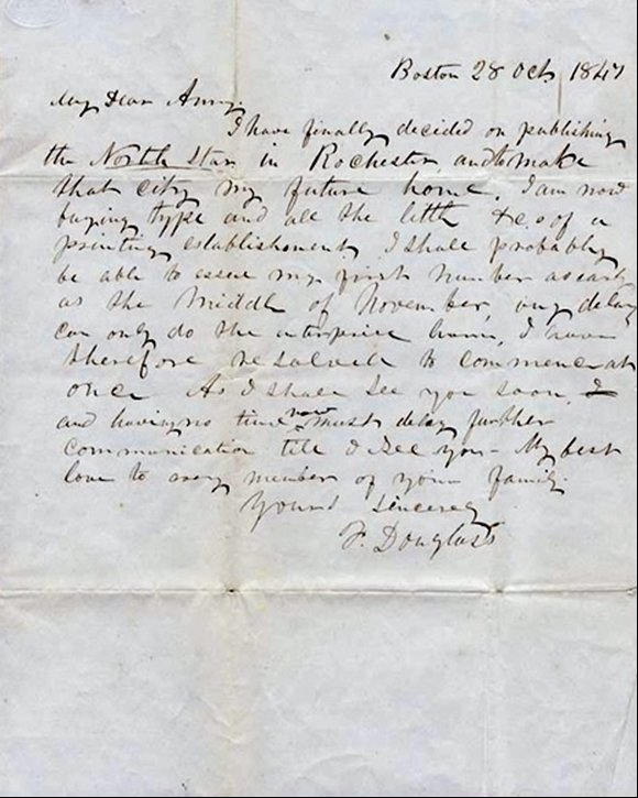 Actual Douglass letter of October 28 1847 announcing he will settle in Rochester.