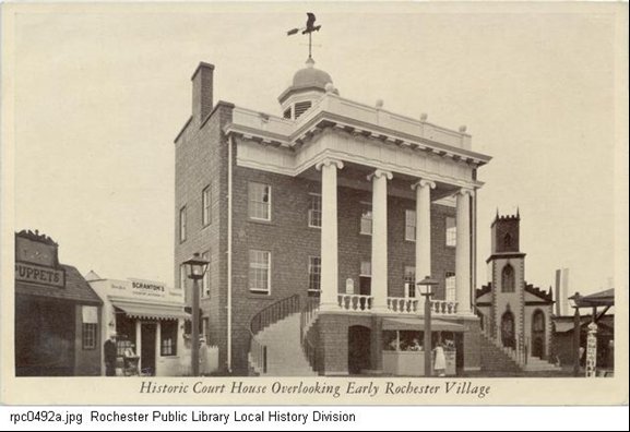 Postcard showing near life sized model of the 1822 Monroe County courthouse built for 1934 Rochester Centennial.