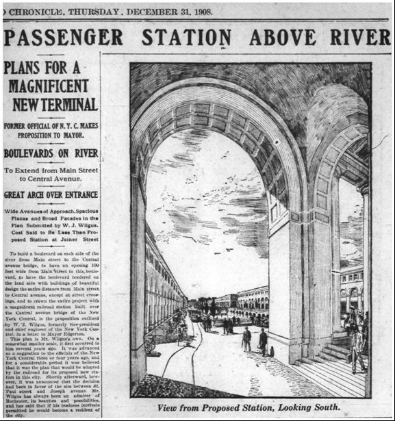 Newpaper article titled: Passenger Station Above River.  Plans for a Magnificent New Terminal.