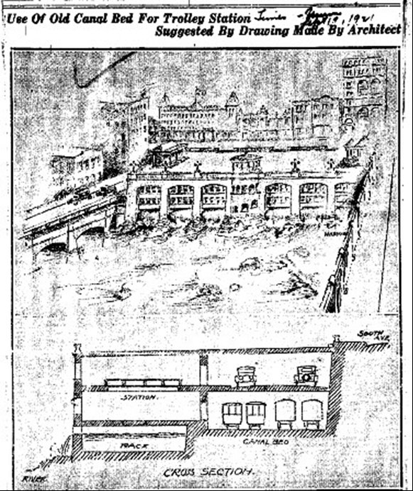 Newspaper image titled: Use of Old Canal Bed For Trolley Station Suggested By Drawing Made By Architect
