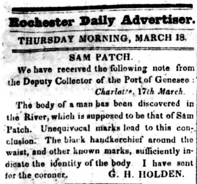 Image of newspaper clip: Regarding finding Sam Patch's body