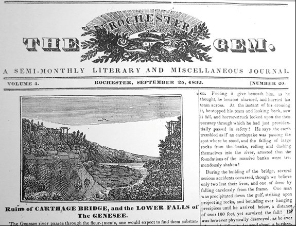 Newspaper clipping of the Ruins of Carthage Bridge and the Lower Falls of the Genesee