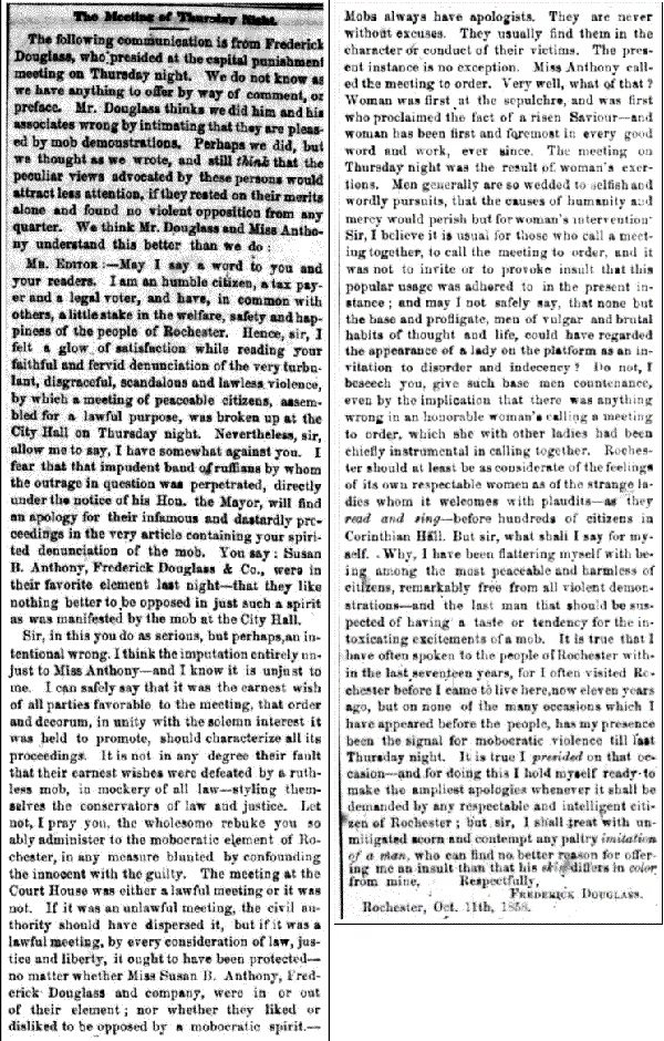 Newspaper clip: The meeting of Thursday Night regarding Frederick Douglass' meeting on capital punishment.