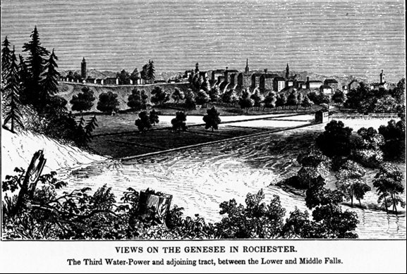 Image entitled:  Views on the Genesee in Rochester.  The Third Water-Power and adjoining tract, between the Lower and Middle Falls.