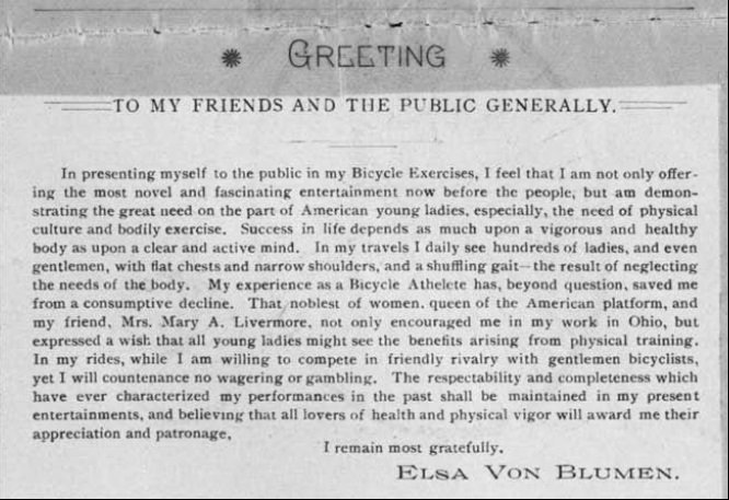 Picture of notice from Elsa Von Blumen on bicycle exercise