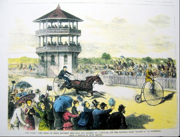 Artist's depiction of Von Blumen on bicycle vs trotting horse