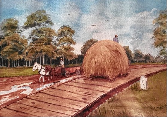 Picture of a painting of trailer of hay being transported on a plank road