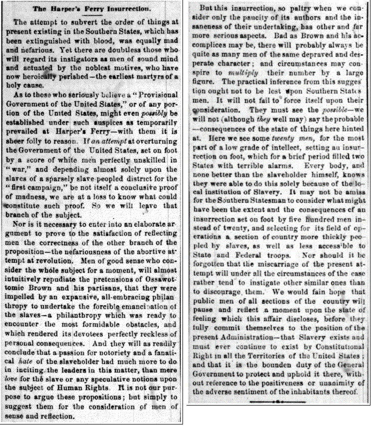 Newspaper article: The Harpers Ferry Insurrection