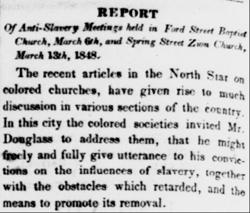 Image of a newspaper clipping entitled Report of Anti_Slavery Meetings held in Ford Street Baptist Church...