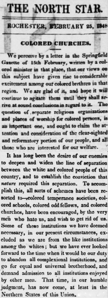 Image of a newspaper clipping from The North Star entitled Colored Churches