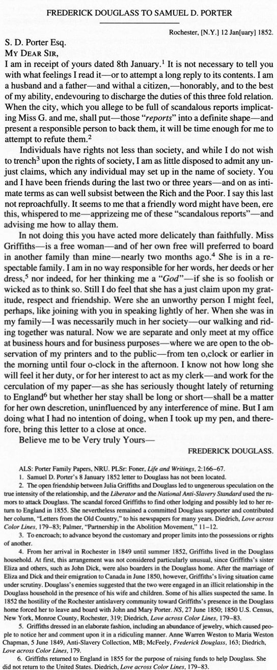 1852 letter from Frederick Douglass to Samuel Porter.