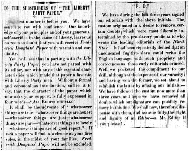 Newspaper clippings reporting the first issue of the Frederick Douglass Paper and an explanation of articles being signed F. D.