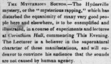 Announcement of a demonstration of the 'mysterious rapping' at Corinthian Hall.