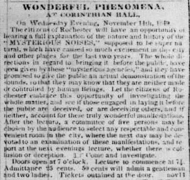 Description of the 'MYSTERIOUS NOISES' event to be held at Corinthian Hall November 14th, 1849.