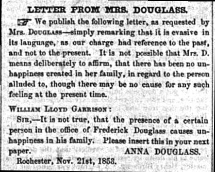 A letter from Douglass' wife defends Julia Griffith but is thought to have been written by Frederick and Julia.