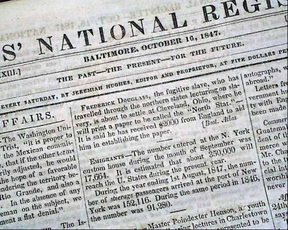 Baltimore newspaper announces on October 16, 1847, saying Douglass will settle in Cleveland, Ohio.