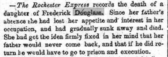 The Rochester Express records the death of a daughter of Frederick Douglass
