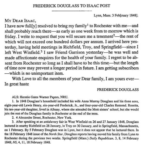 February 1848 letter to Isaac Post asking to him to rent Douglass a place to live.
