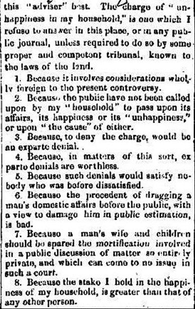 Eight reasons why Douglass will not involve his family in the dispute.