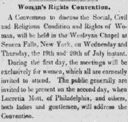 North Star July 14 1848 notice that a Women's Rights Convention will be held in Seneca Falls on the 19th and 20th.