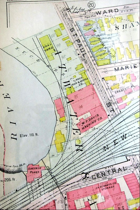 Map that shows rail lines and St. Paul St.