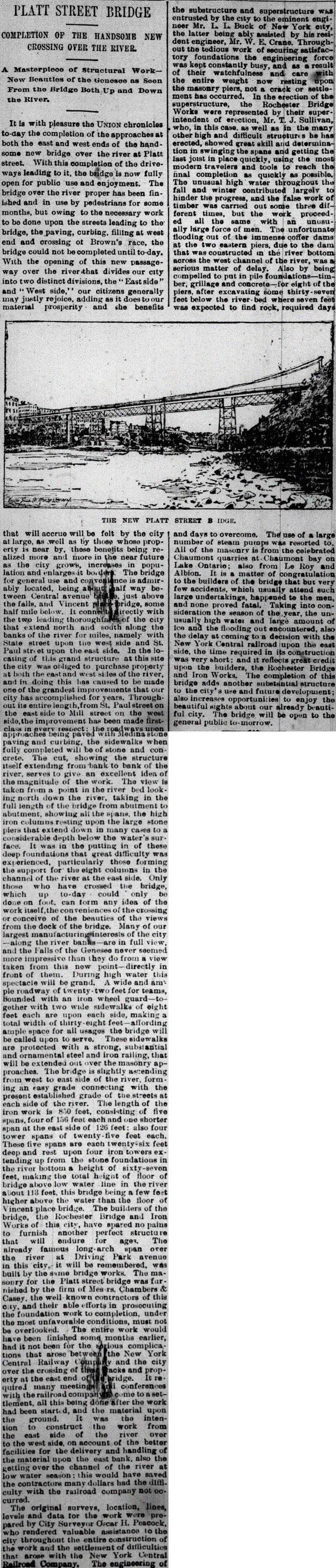 Image of newspaper clip: Platt Street Bridge.  Completion of the handsome new crossing over the river.