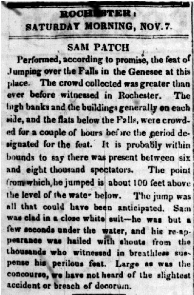 Image of newspaper clip: Rochester: Saturday Morning, Nov. 7, Sam Patch