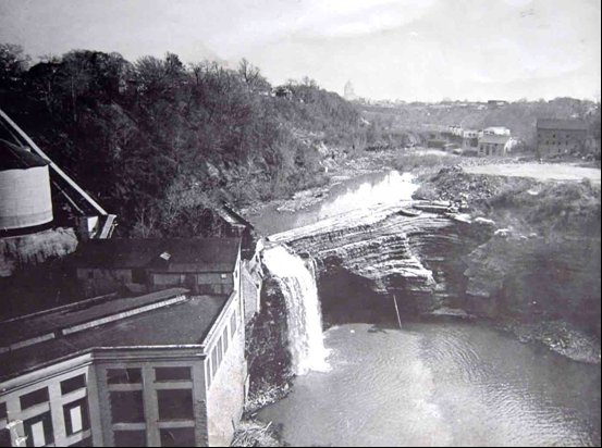 Buildings next to falls
